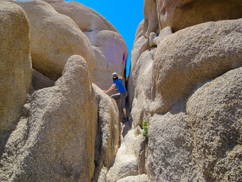 Scrambling among boulders in Joshua Tree